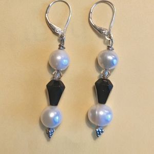 Pearl, black glass and tan swarovski crystal sterling silver dangle earrings
